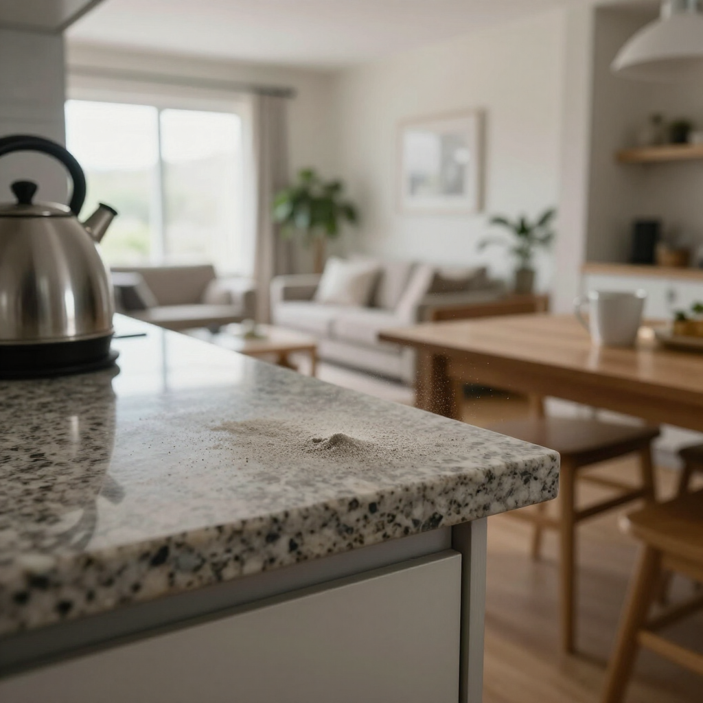 Kitchen counter with a stainless-steel kettle overlooking a bright living room and dining area