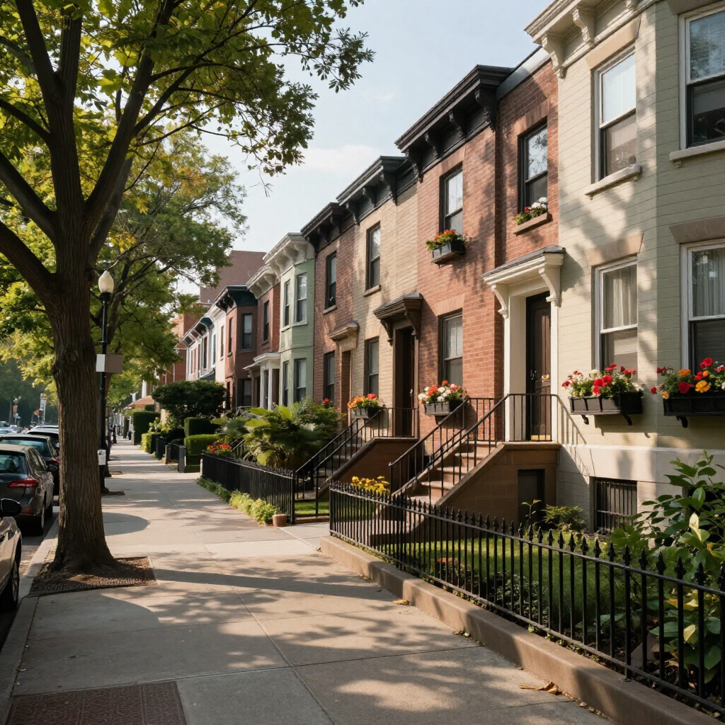 Tree-lined city sidewalk beside brick row houses with stoops, black iron fences, and flower boxes.