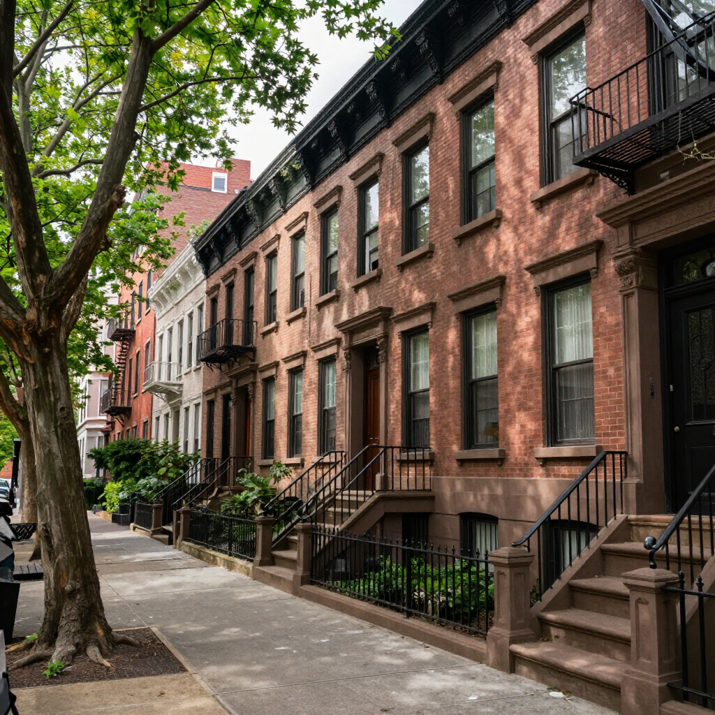 Tree-lined sidewalk beside brownstone row houses on a quiet city street