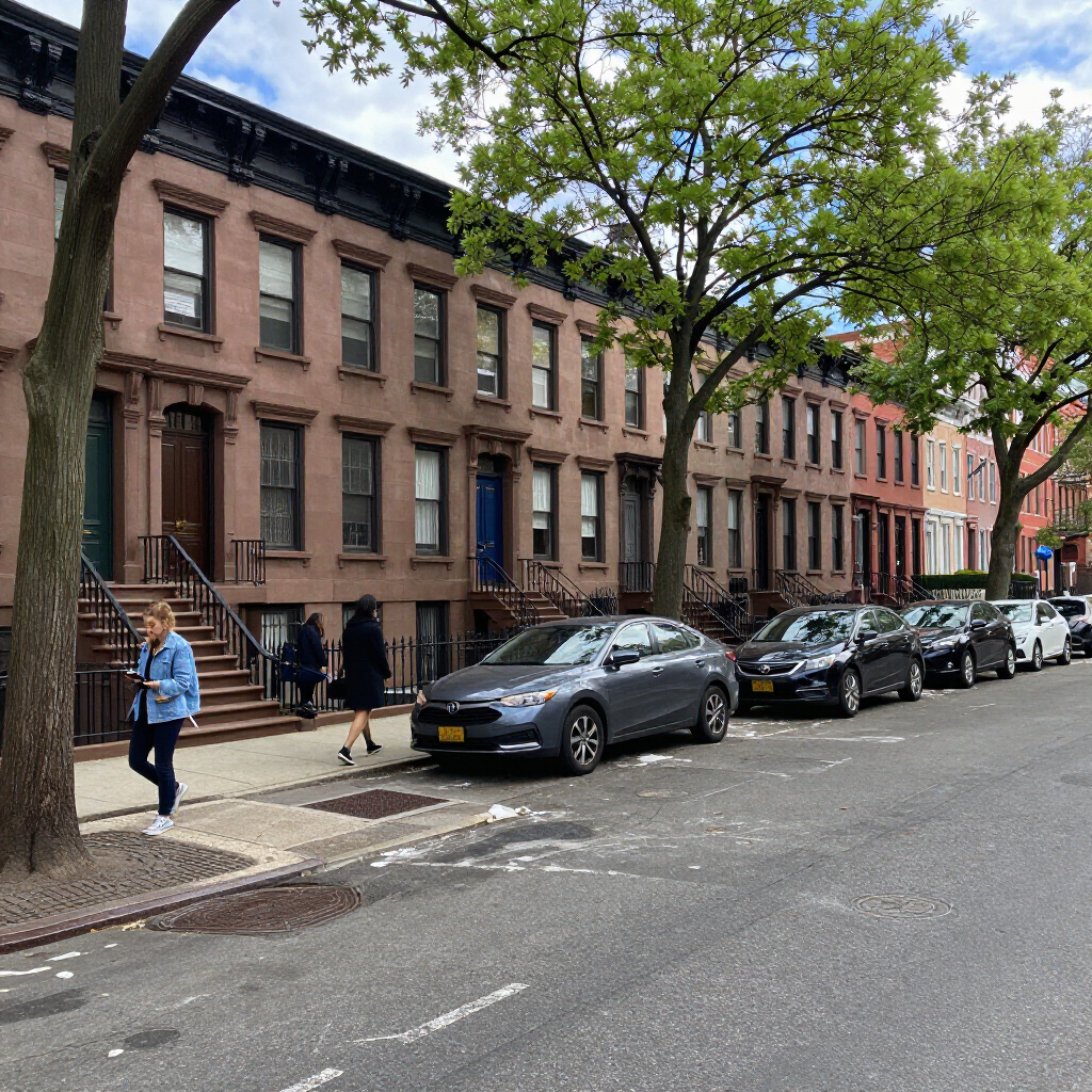 Brownstone-lined city street with parked cars and a pedestrian walking on the sidewalk