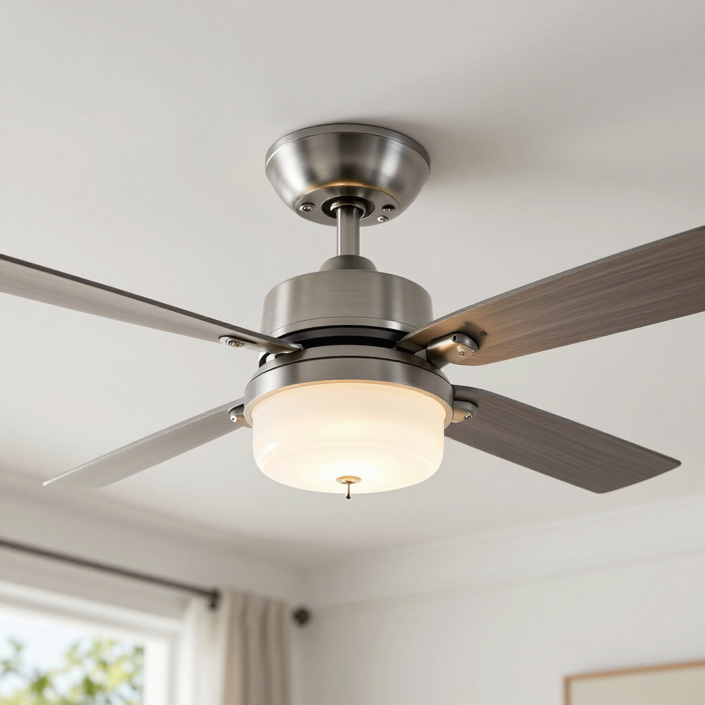 Modern brushed-nickel ceiling fan with light on a white ceiling above a window and curtains