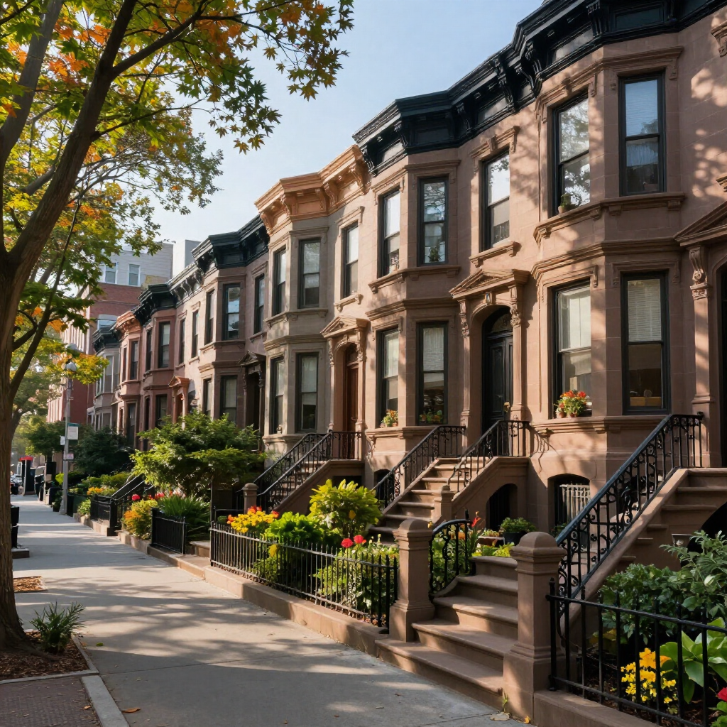 Sunlit row of brownstone townhouses with stoops, trees, and a quiet sidewalk in a residential neighborhood