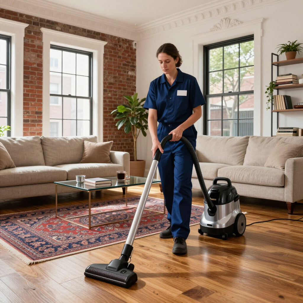 Worker vacuuming a hardwood floor in a bright living room with a couch and windows