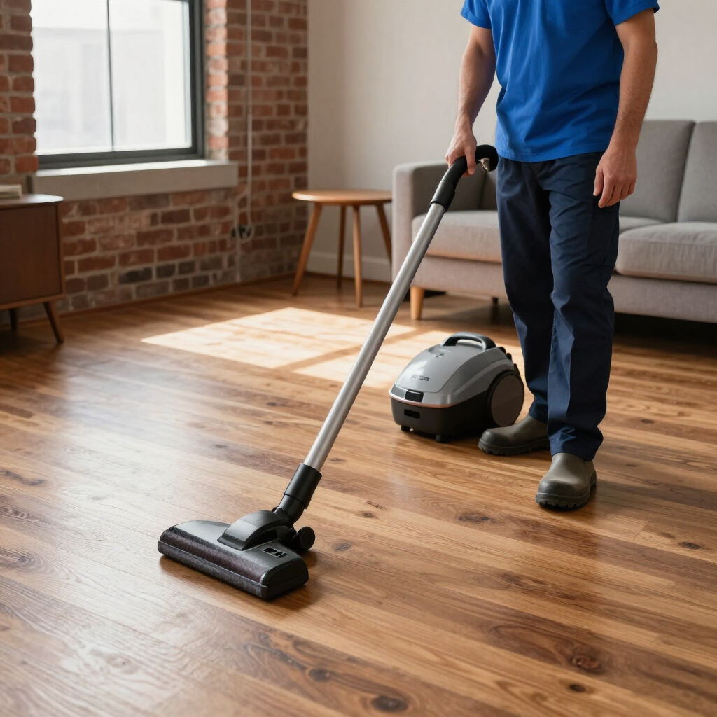 Person vacuuming a sunlit hardwood floor in a brick-walled room