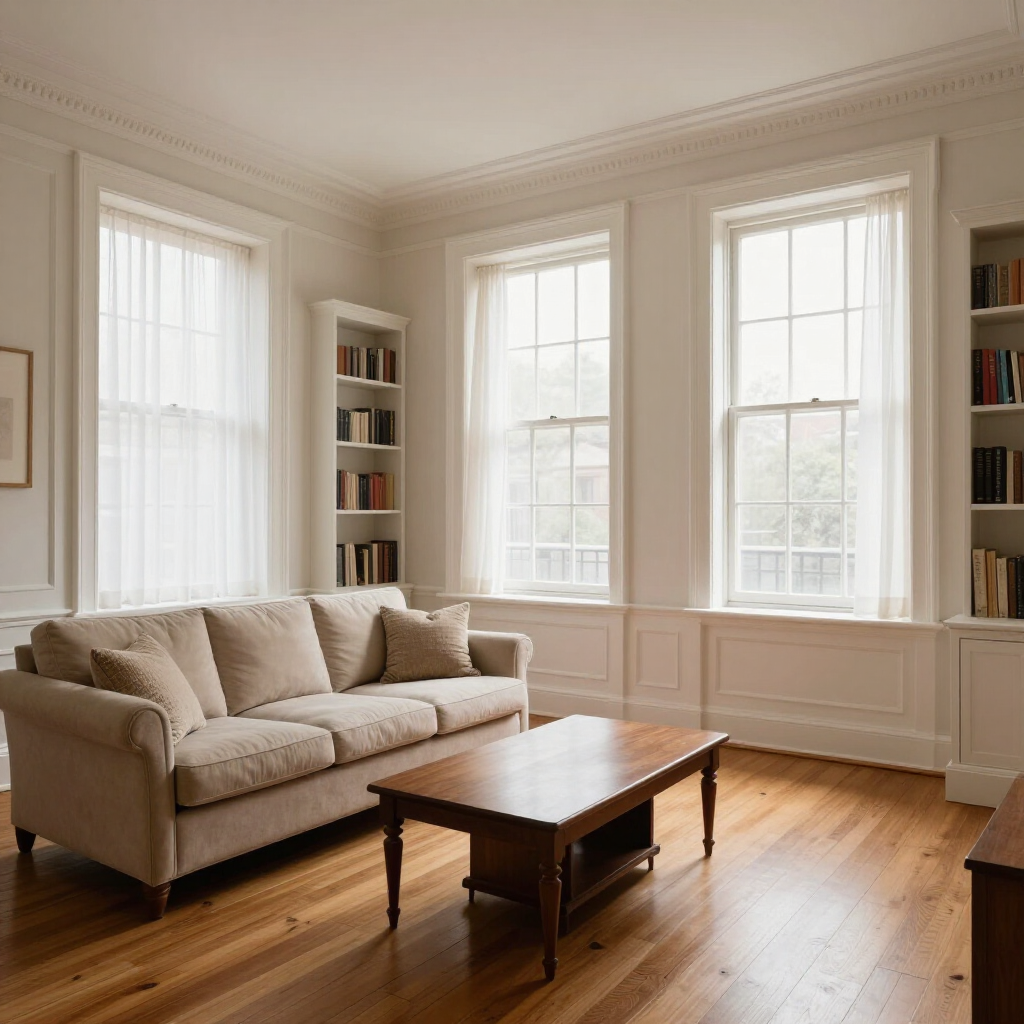 Bright living room with beige sofa, wooden coffee table, and tall windows on hardwood floors