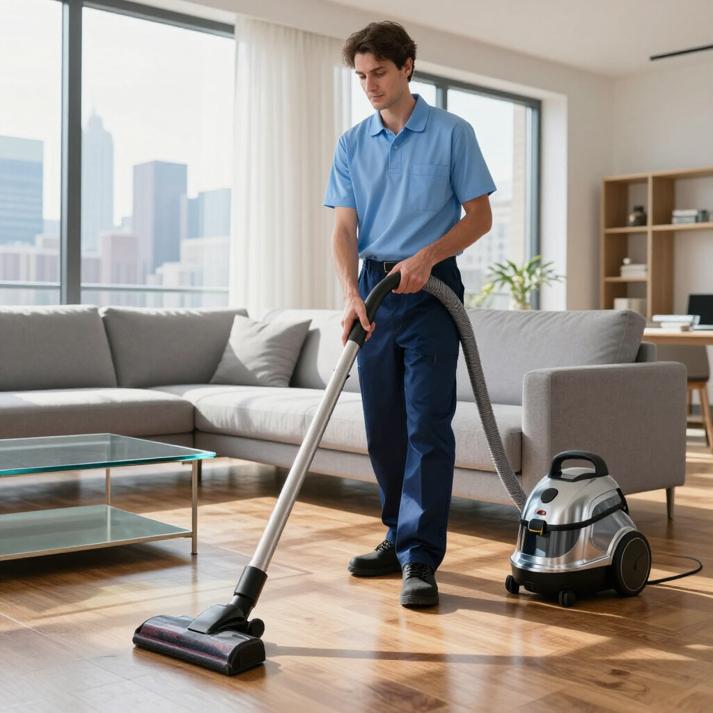 Man vacuuming hardwood floor in a bright living room with a canister vacuum.
