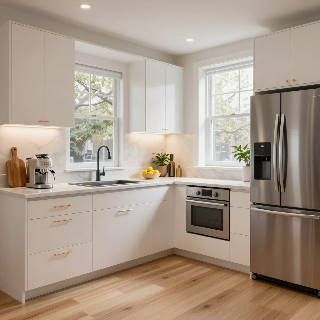 Bright white modern kitchen with stainless steel appliances, wood floors, and sunlit windows