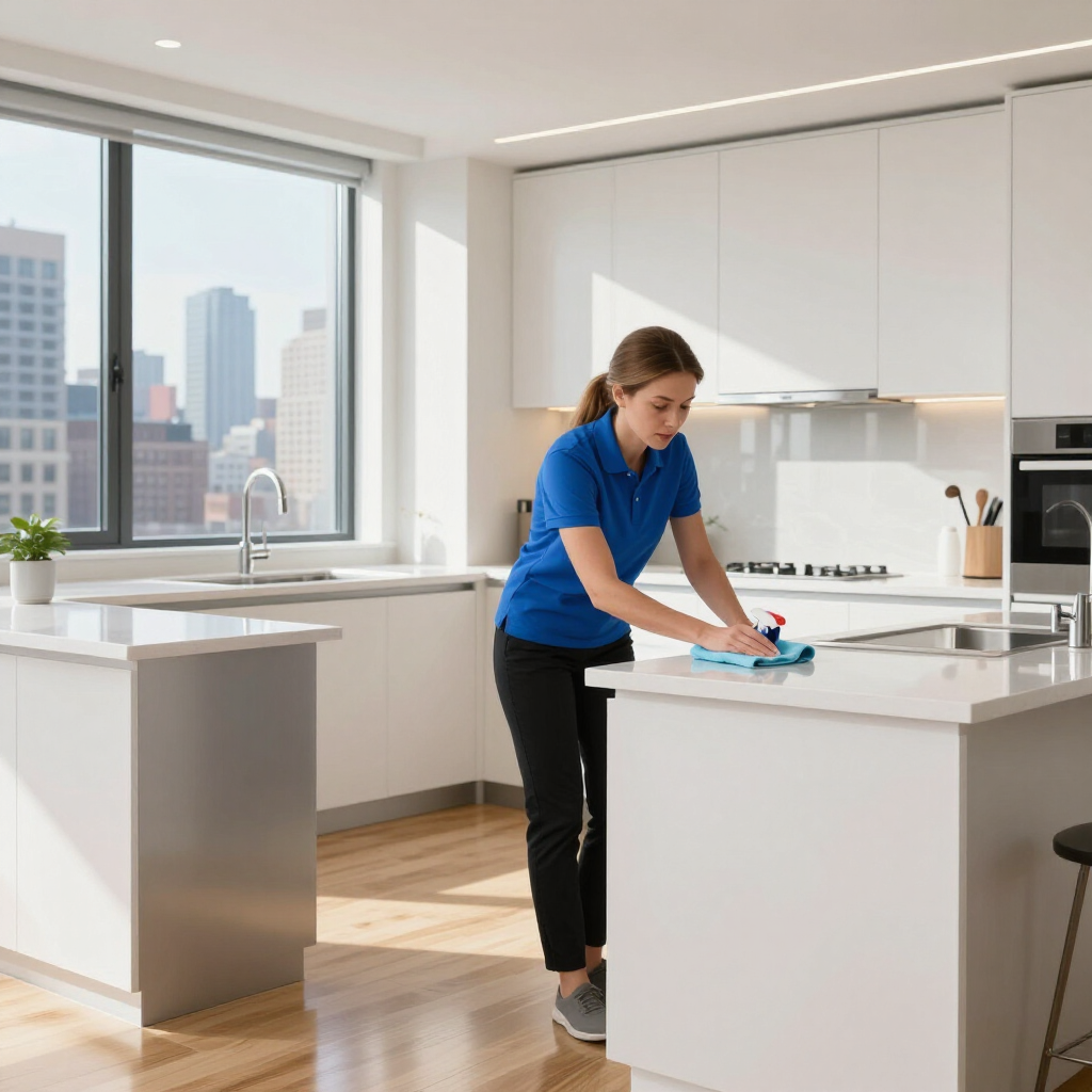 Person wiping a white kitchen island in a bright modern kitchen with city windows in the background