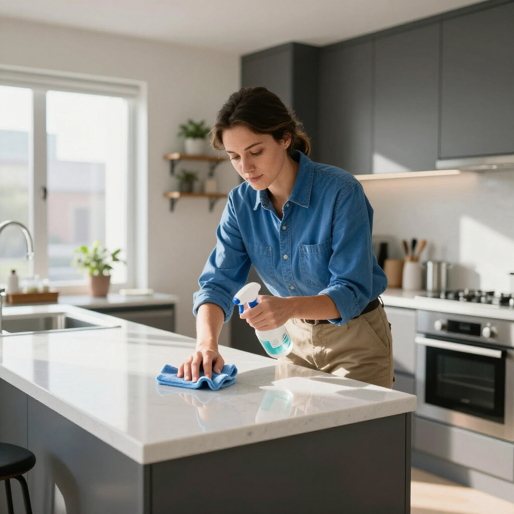 Person cleaning a bright kitchen countertop with a blue cloth and spray bottle