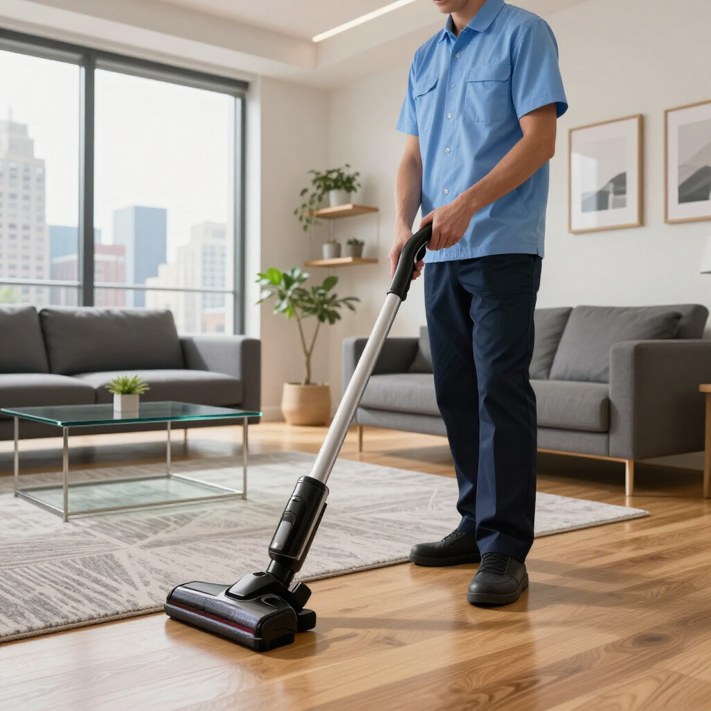 Person vacuuming a hardwood floor in a bright living room with gray sofas and large windows