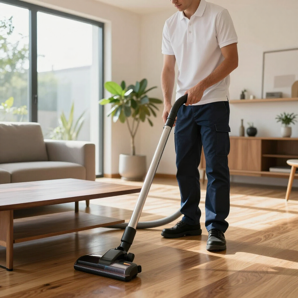 Person vacuuming a bright living room with a canister vacuum cleaner