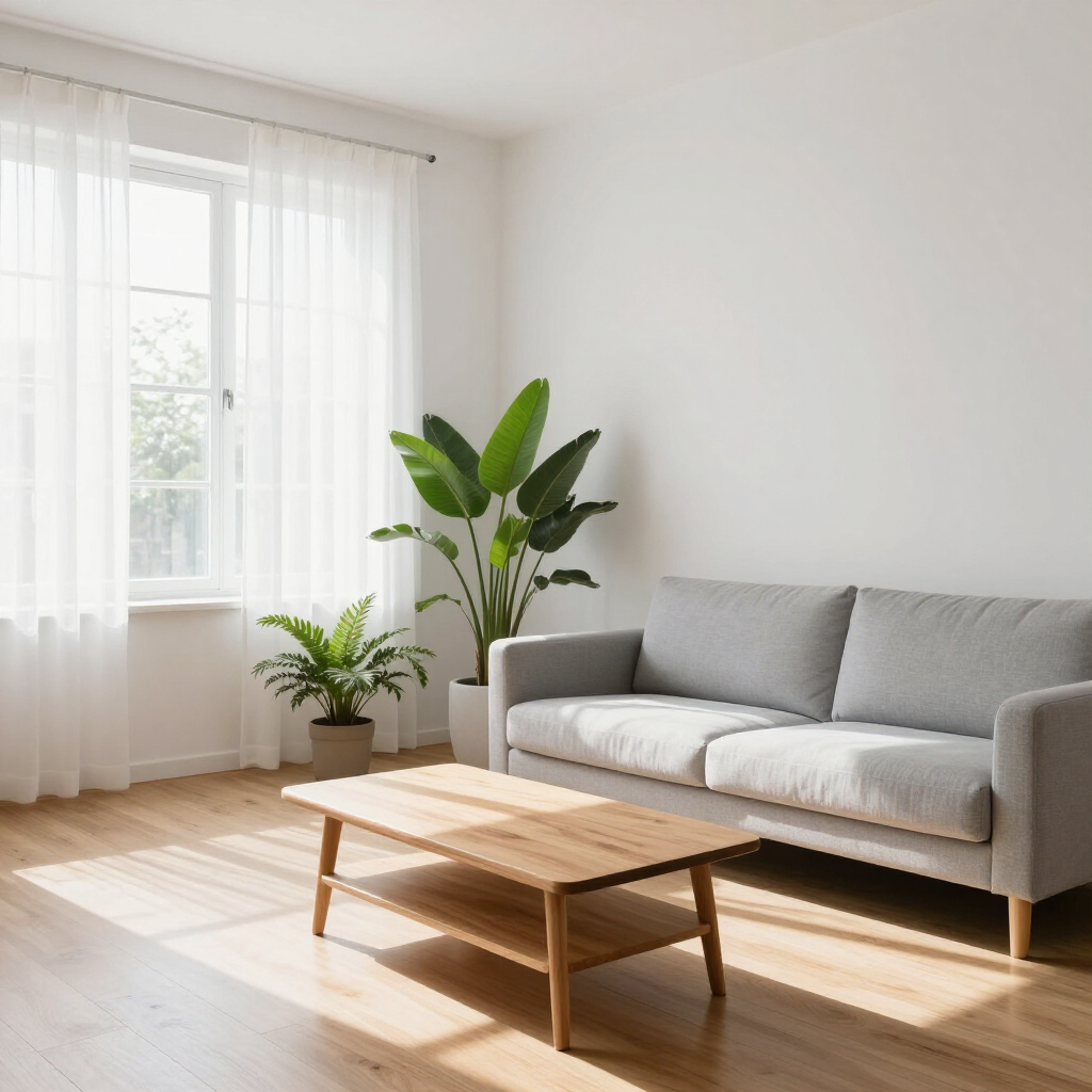 Bright living room with gray sofa, wooden coffee table, potted plants, and sunlight through sheer curtains