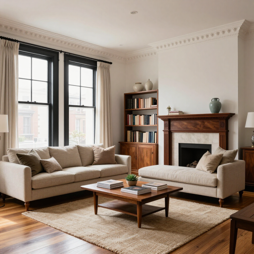 Cozy living room with beige sofas, wooden coffee table, bookshelf, and a fireplace by tall windows