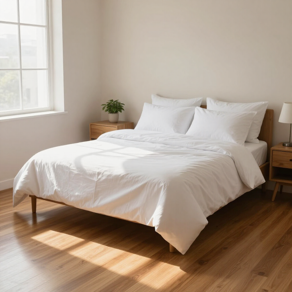 Bright bedroom with a neatly made white bed, wooden floor, and sunlight from a window