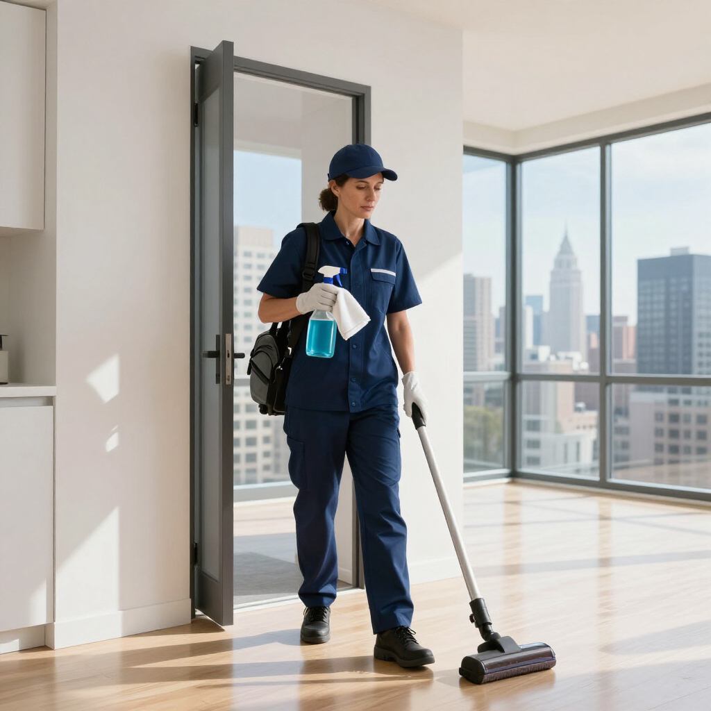Cleaner mopping a bright apartment floor with city views through large windows