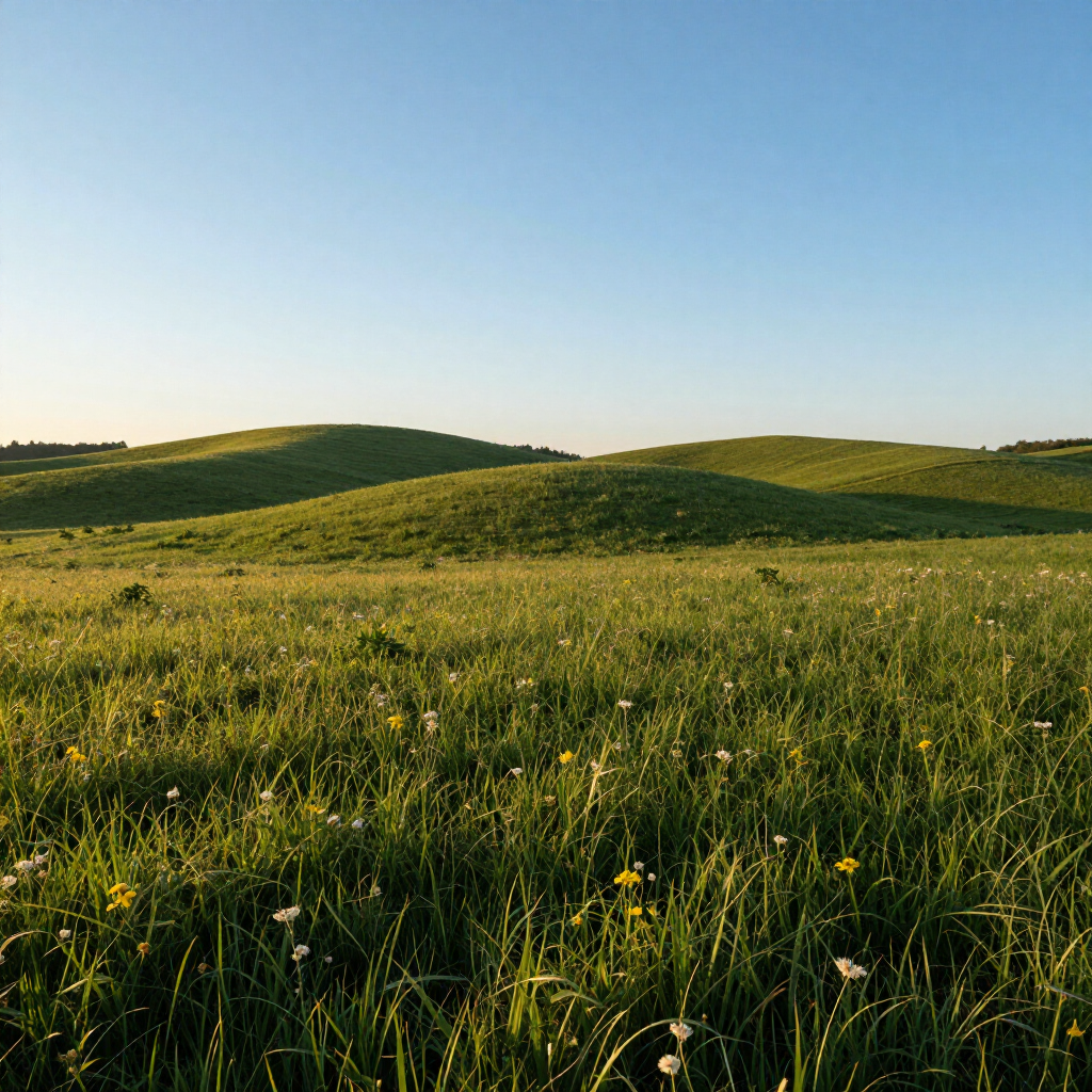 Sunlit grassy hills under a clear blue sky, with yellow wildflowers in the foreground.