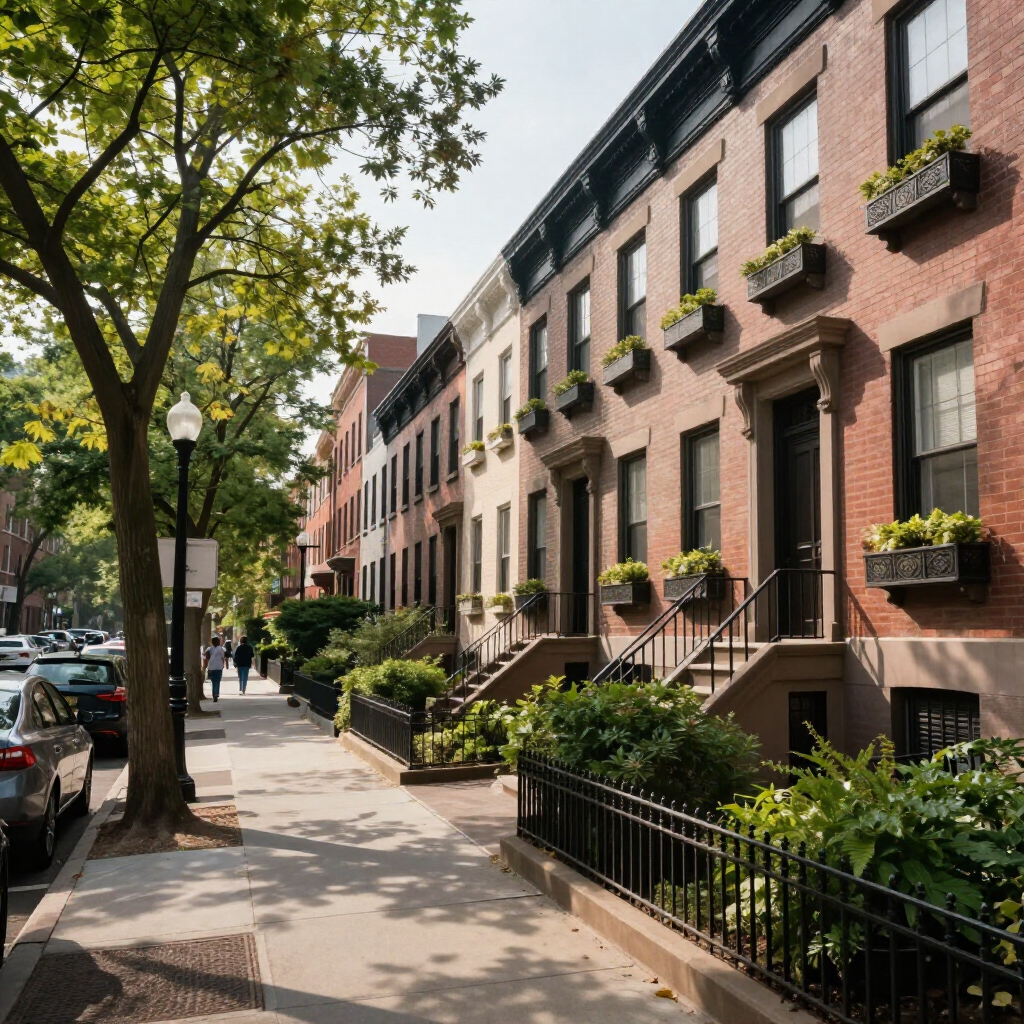 Tree-lined city sidewalk beside red-brick rowhouses with black railings and flower boxes.