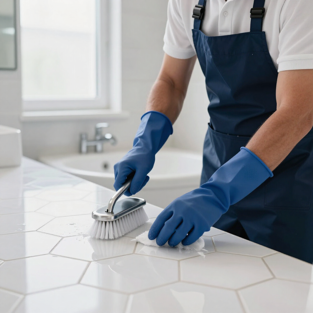 Person in blue gloves scrubbing a white hexagonal tile countertop with a brush in a bright kitchen