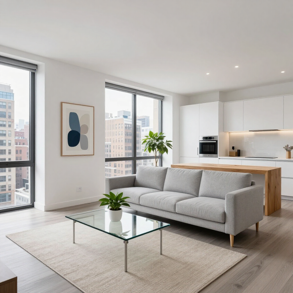Modern open-plan living room with gray sofa, glass coffee table, and kitchen island by large windows