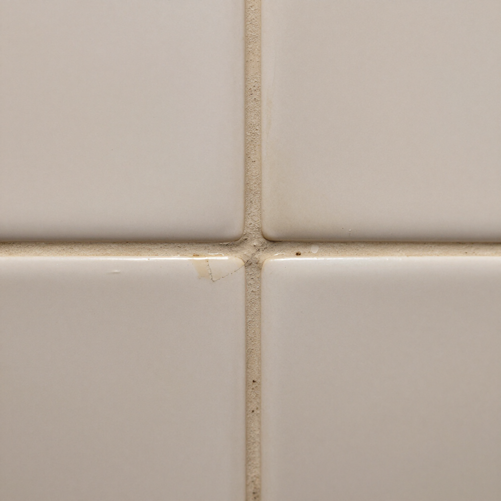 Close-up of beige ceramic tiles with a cross-shaped grout intersection and slight grime at the seams