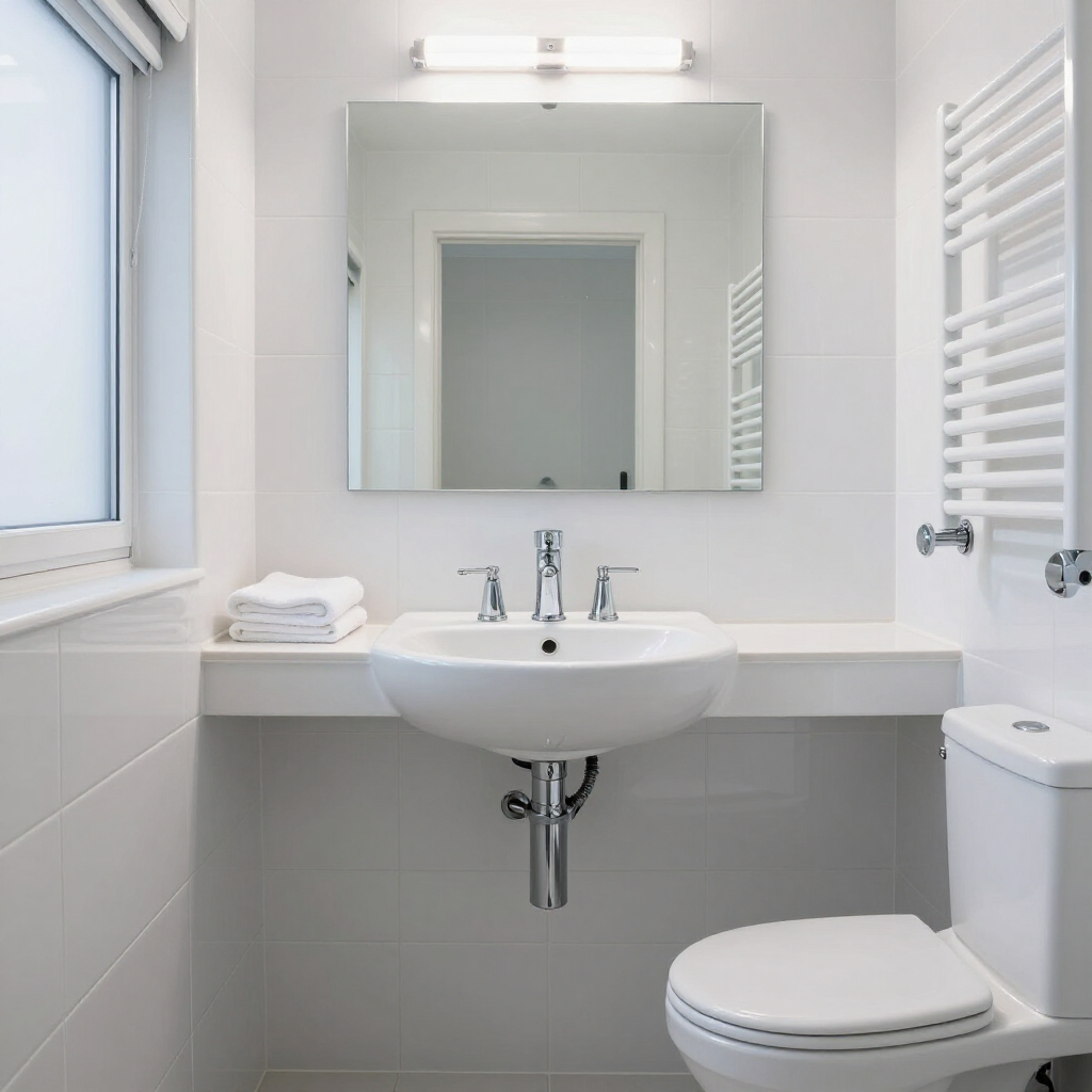 Bright white bathroom with wall mirror, sink, toilet, window, and towel radiator