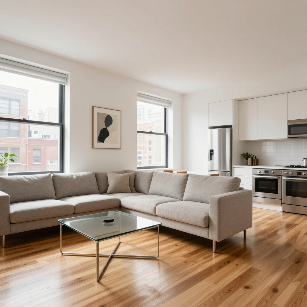 Bright modern living room with a beige sectional, glass coffee table, and open kitchen on hardwood floors