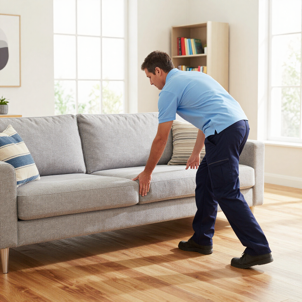 Man moving a gray sofa in a bright living room with wood floors