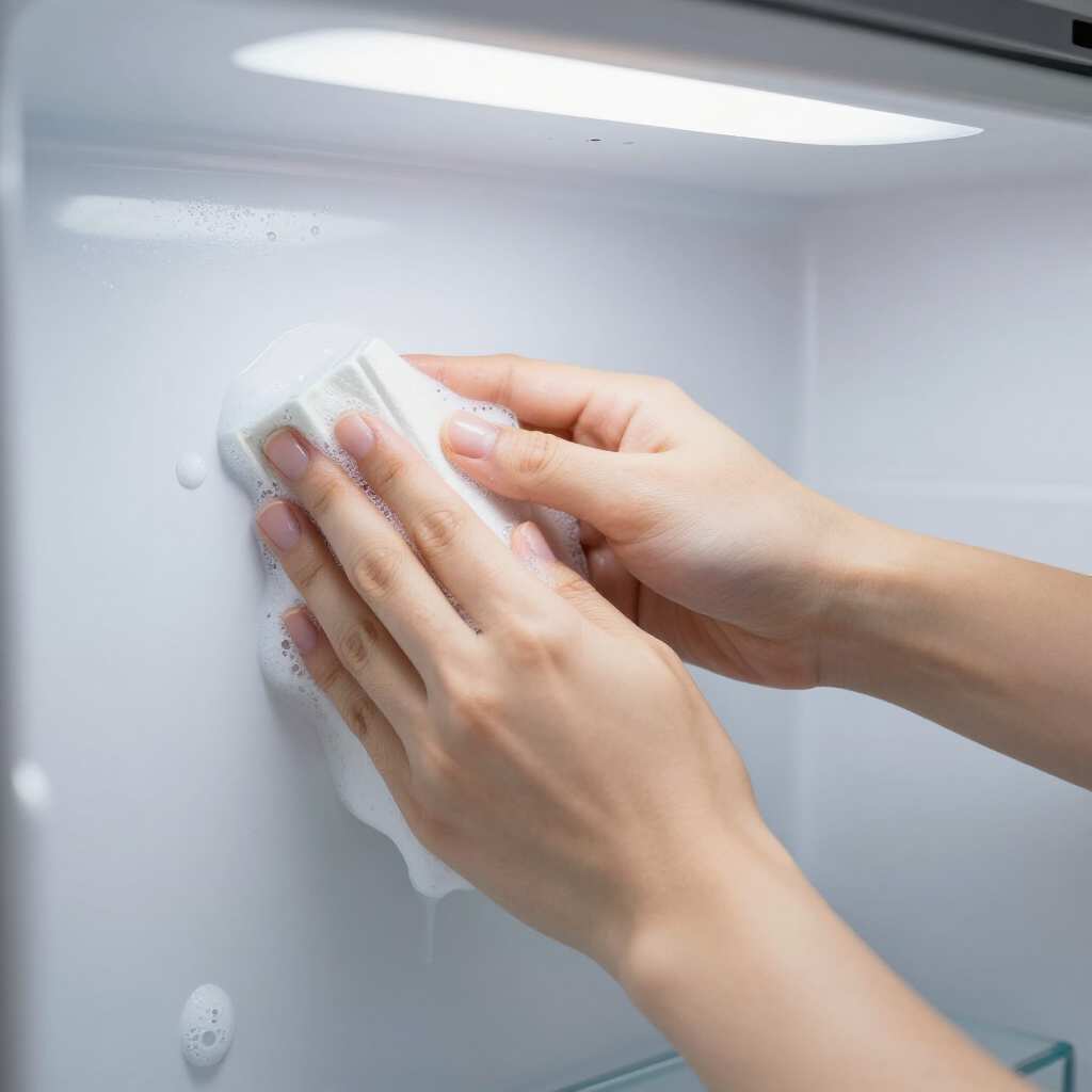 Hands wiping a white refrigerator interior with a cloth under the light.