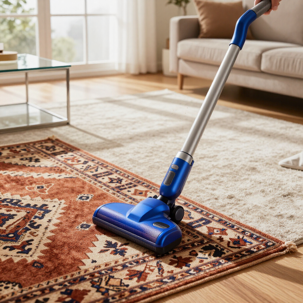 Blue cordless vacuum cleaning a patterned rug in a bright living room.