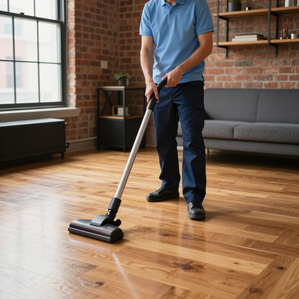 Person vacuuming a hardwood floor in a modern living room