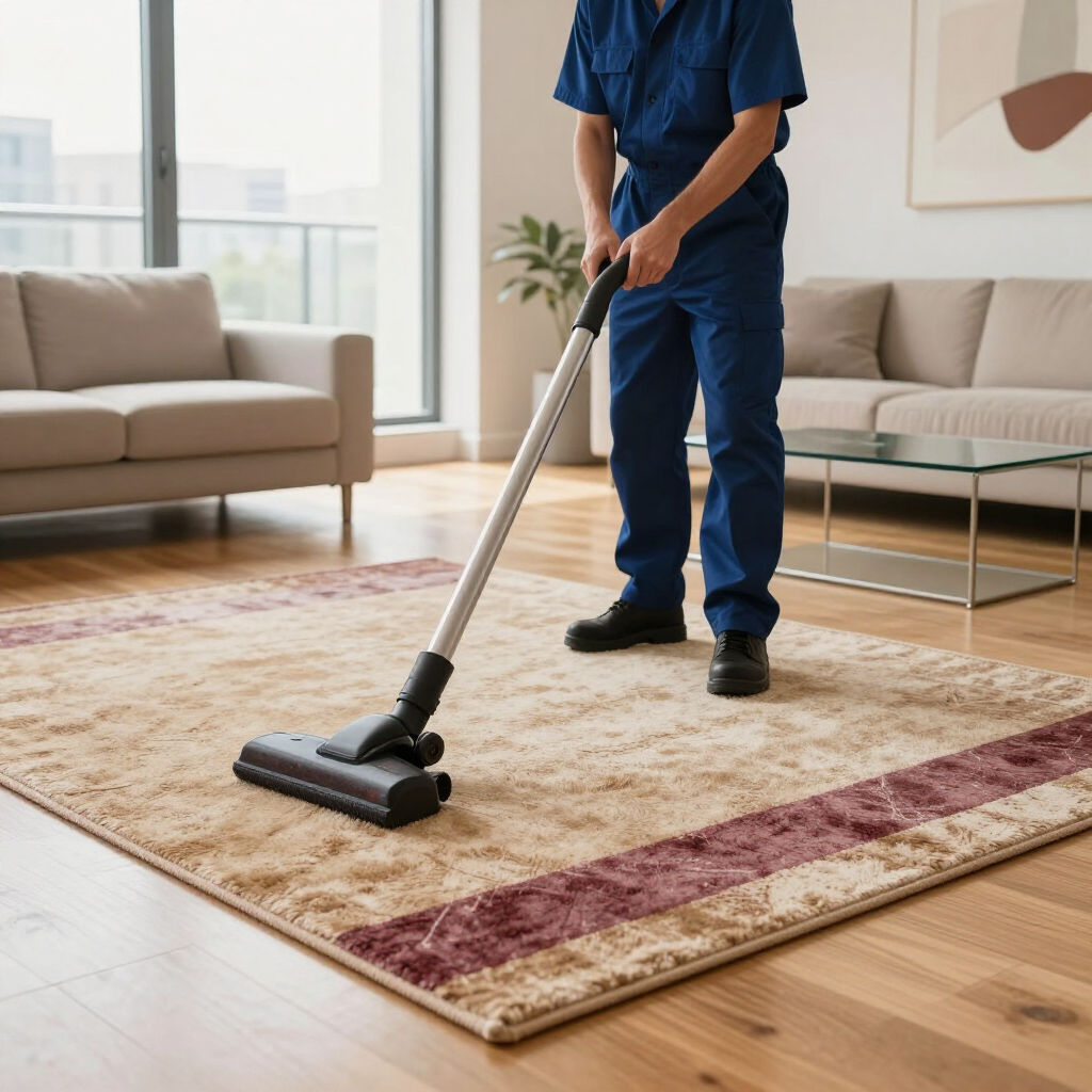 Person vacuuming a beige patterned rug in a bright living room
