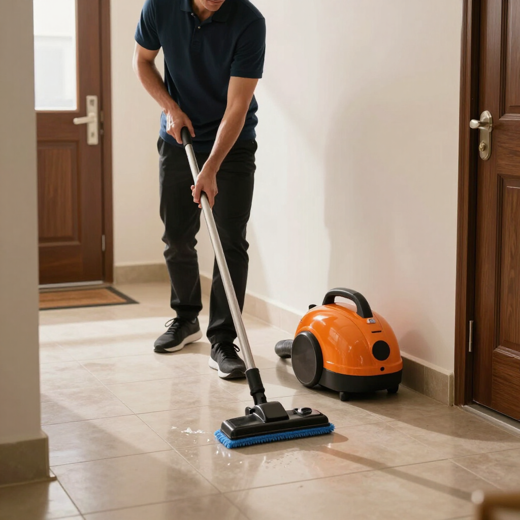 Person mopping a tiled hallway floor beside an orange vacuum cleaner
