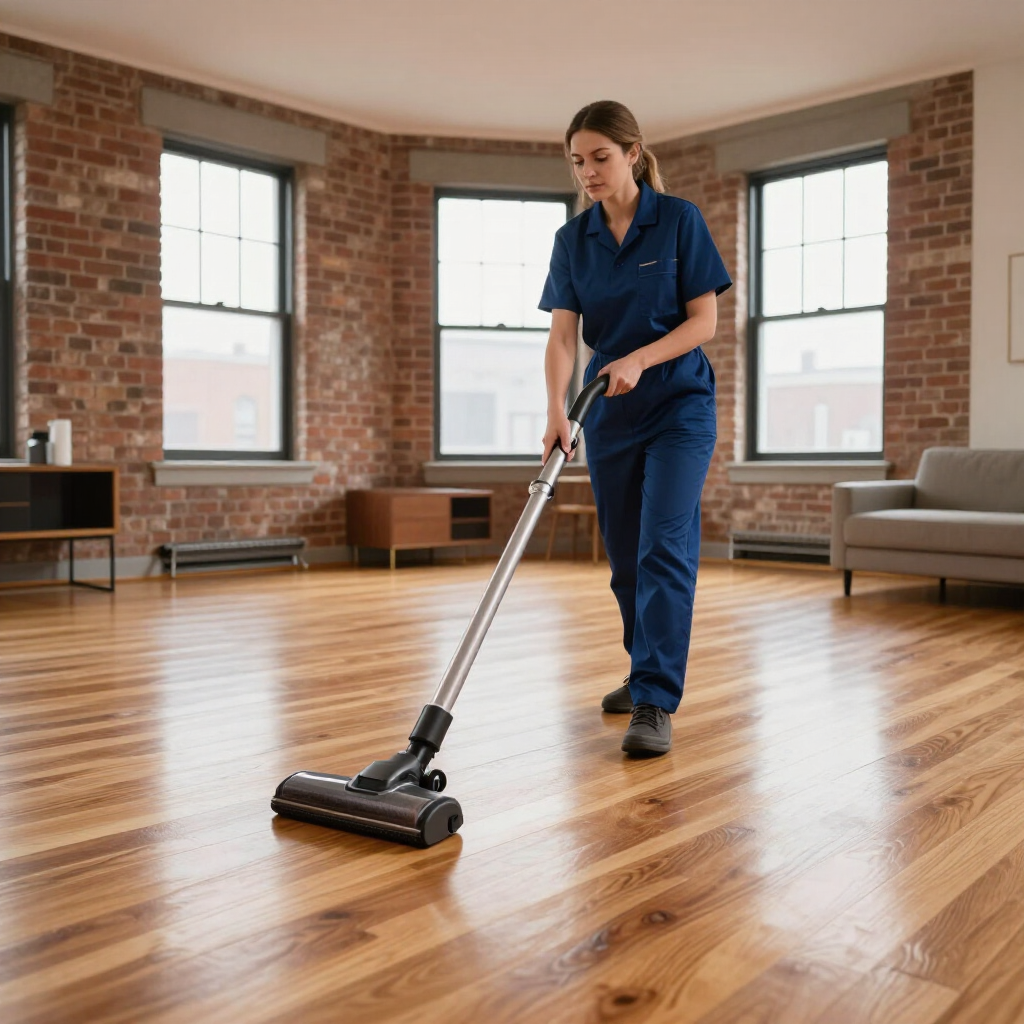 Woman vacuuming a sunlit wood-floored room with brick walls and large windows