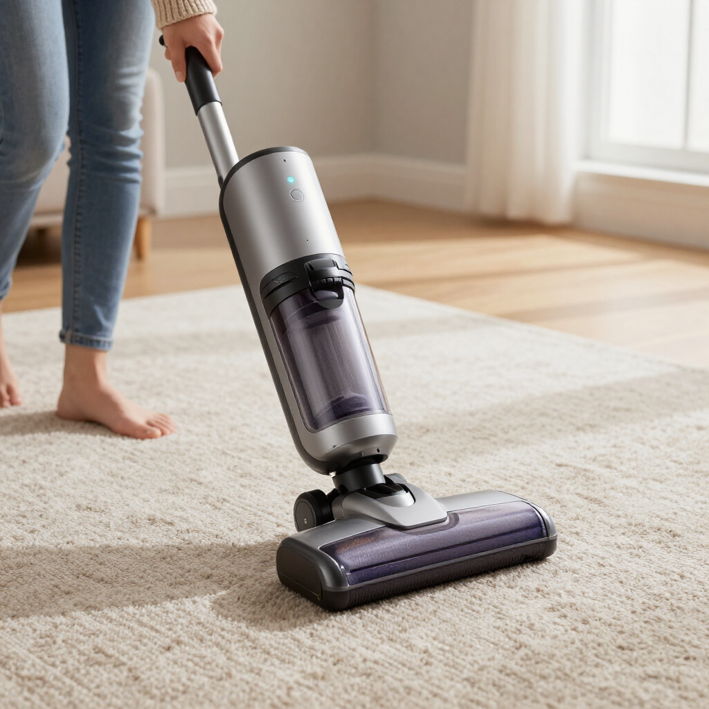 Person vacuuming a beige carpet with a cordless stick vacuum in a bright room