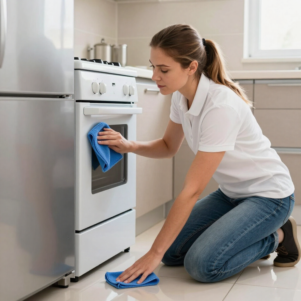 Woman cleaning a white oven in a kitchen with a blue cloth, kneeling on the floor.