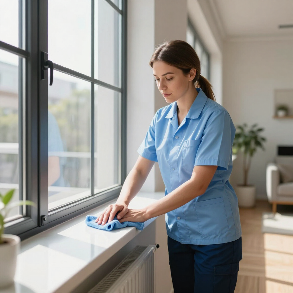 Person cleaning a windowsill with a cloth in a bright room