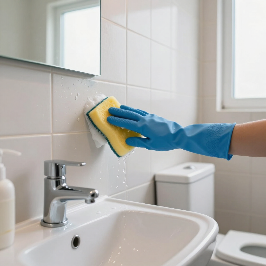 Blue-gloved hand scrubbing bathroom tile above a sink with a yellow sponge