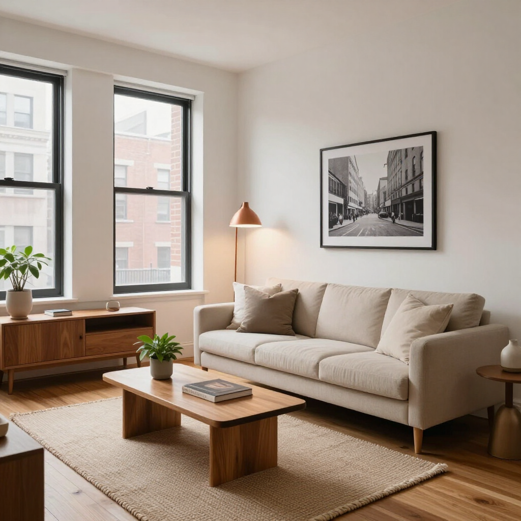 Bright living room with beige sofa, wooden coffee table, large windows, and framed city photograph