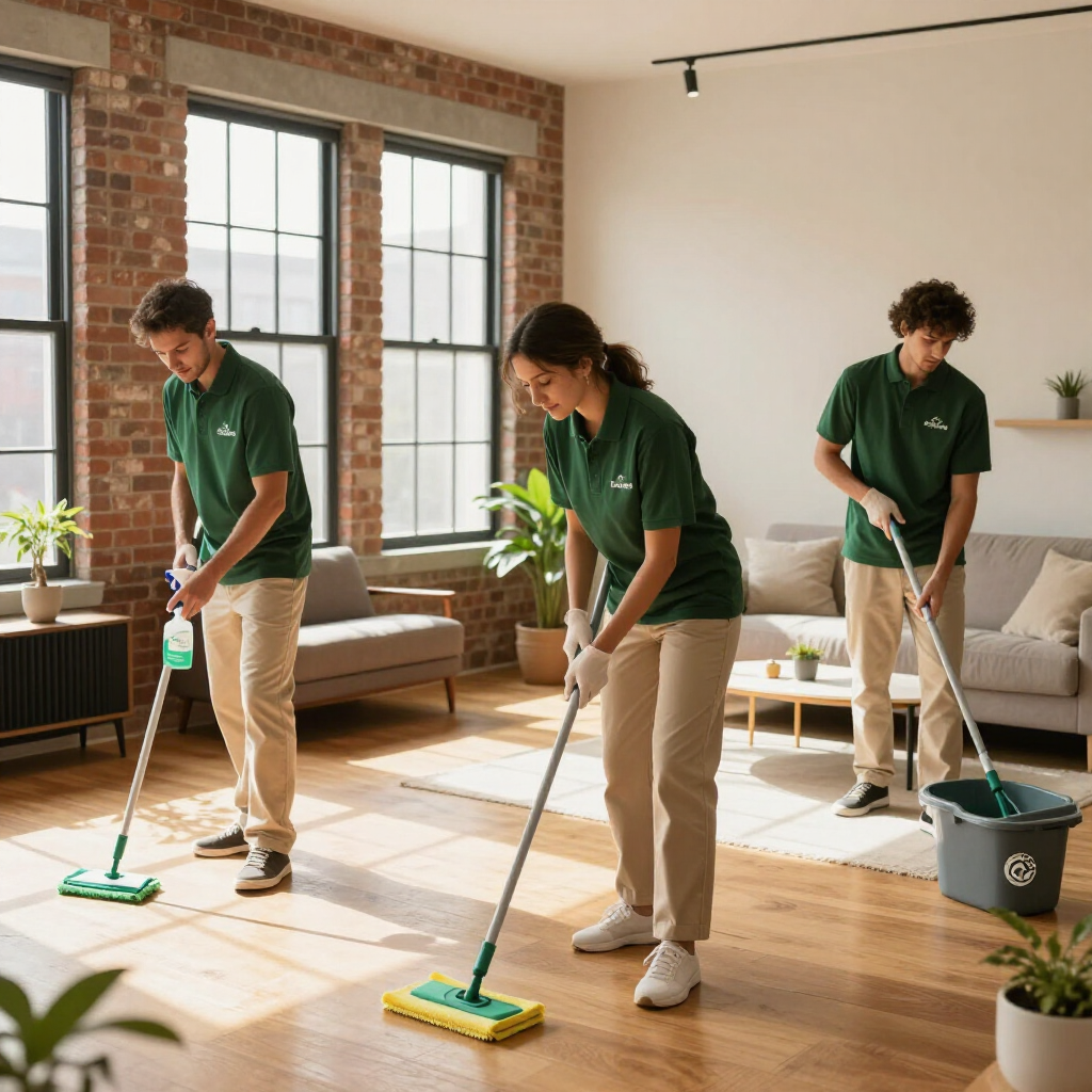 Three employees in green shirts mopping a bright office floor with windows and plants