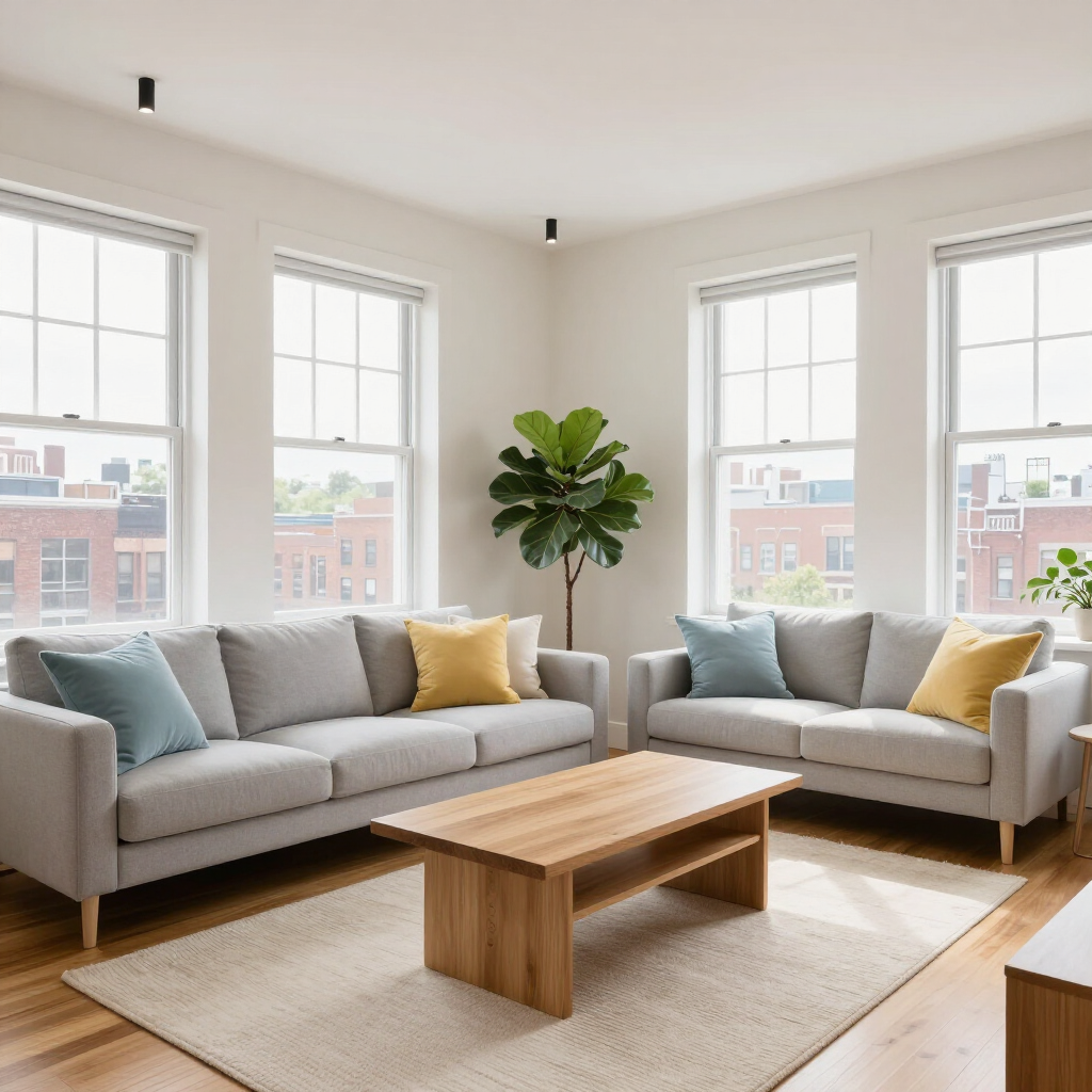 Bright living room with two gray sofas, wooden coffee table, large windows, and a potted plant.