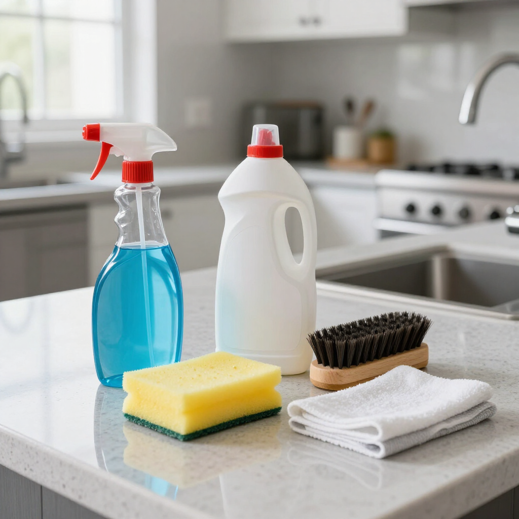 Cleaning supplies on a kitchen countertop: spray bottle, detergent, sponge, brush, and cloths.