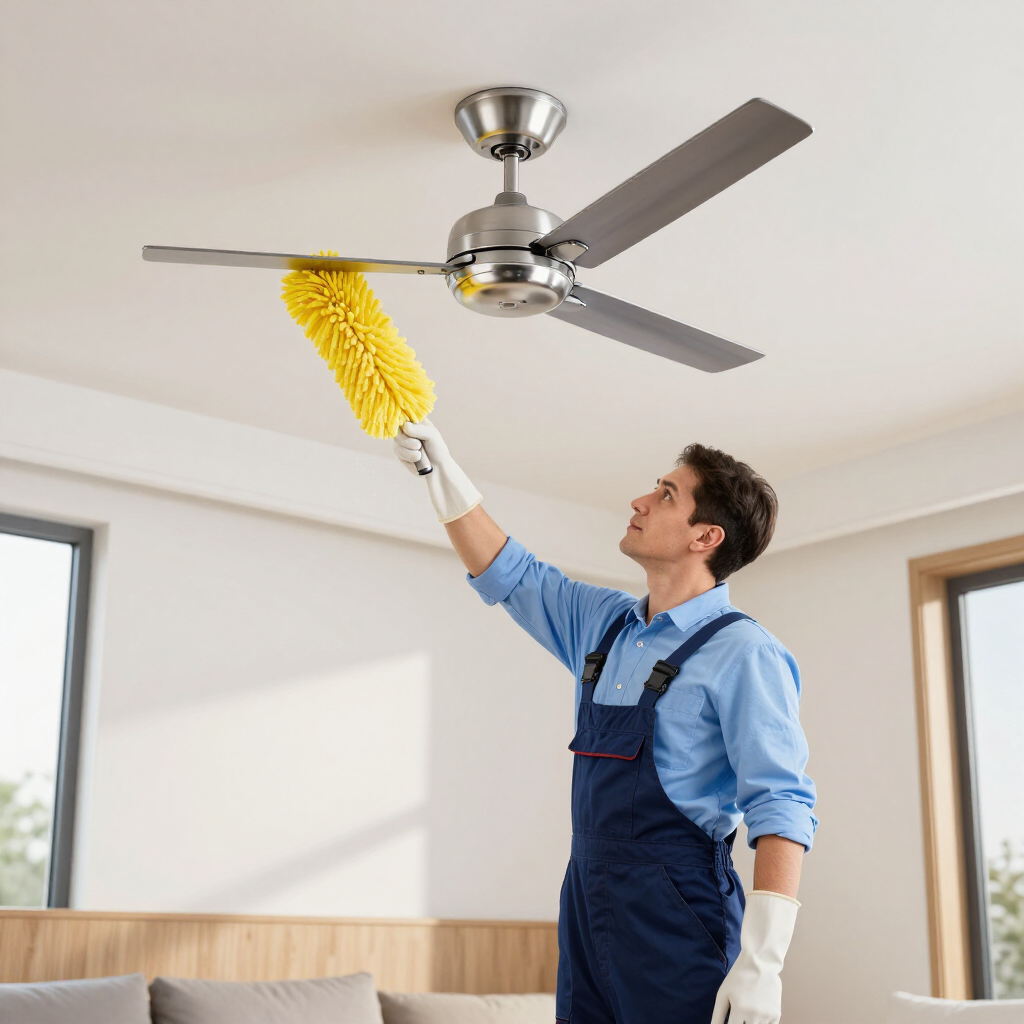 Technician dusting a ceiling fan in a bright room, wearing blue overalls and white gloves