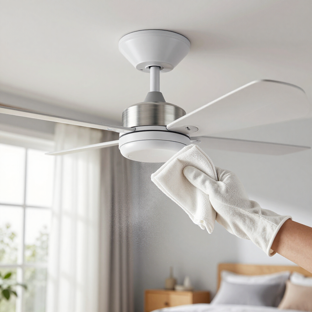 Hand wiping a white ceiling fan in a bright bedroom with a microfiber cloth