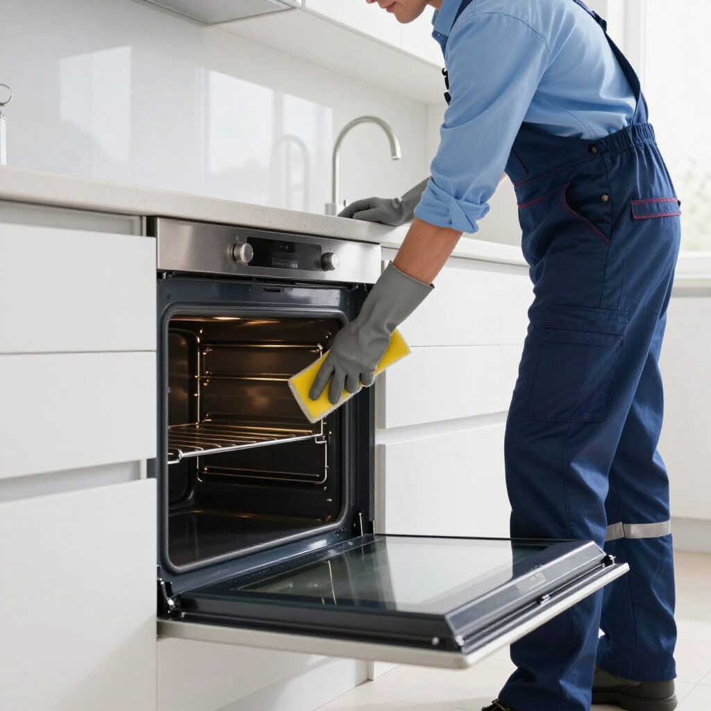 Person in blue overalls cleaning an open oven in a modern kitchen with a yellow sponge