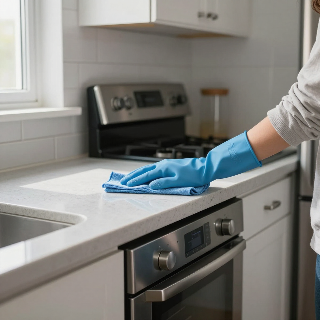 Blue-gloved hand wiping a kitchen countertop with a cloth beside a stove and window
