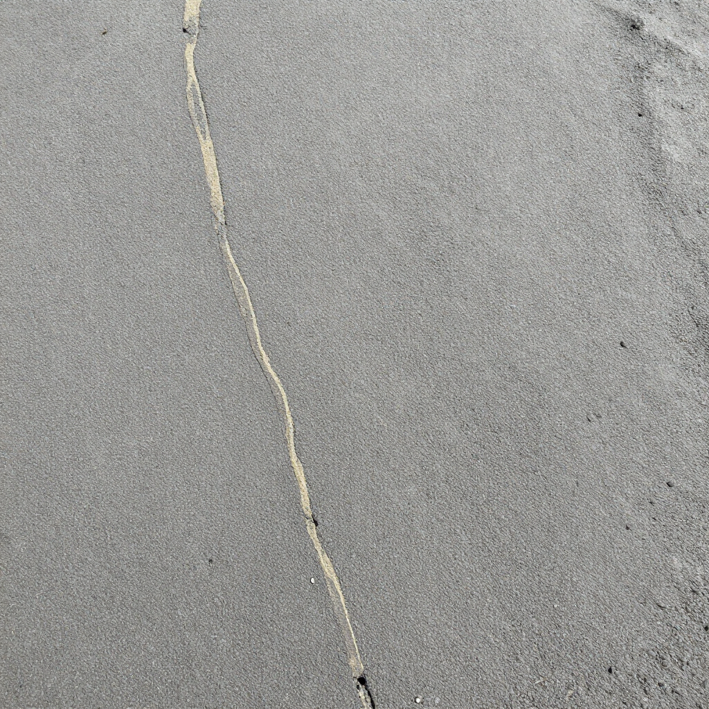Close-up of a cracked gray pavement surface with a long thin fissure running vertically.