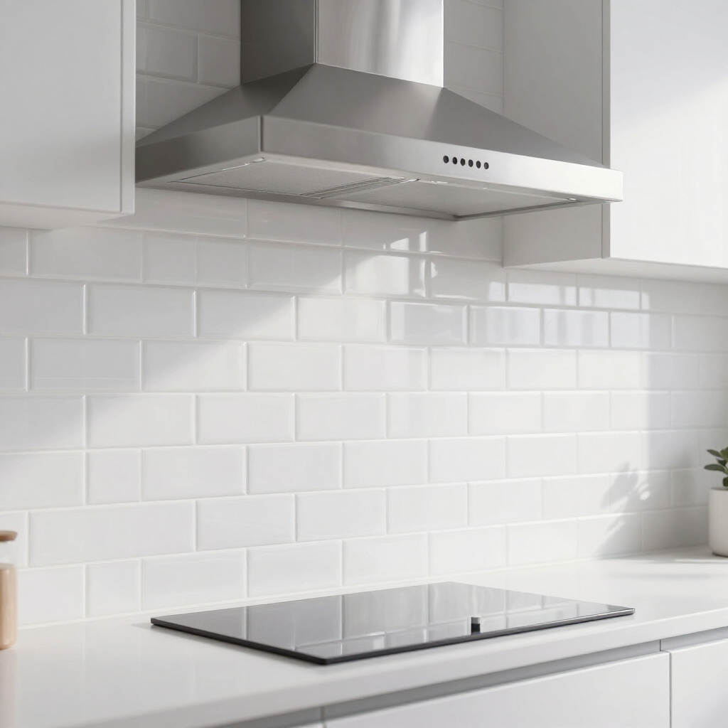 Modern white kitchen with stainless range hood, white tile backsplash, and black induction cooktop