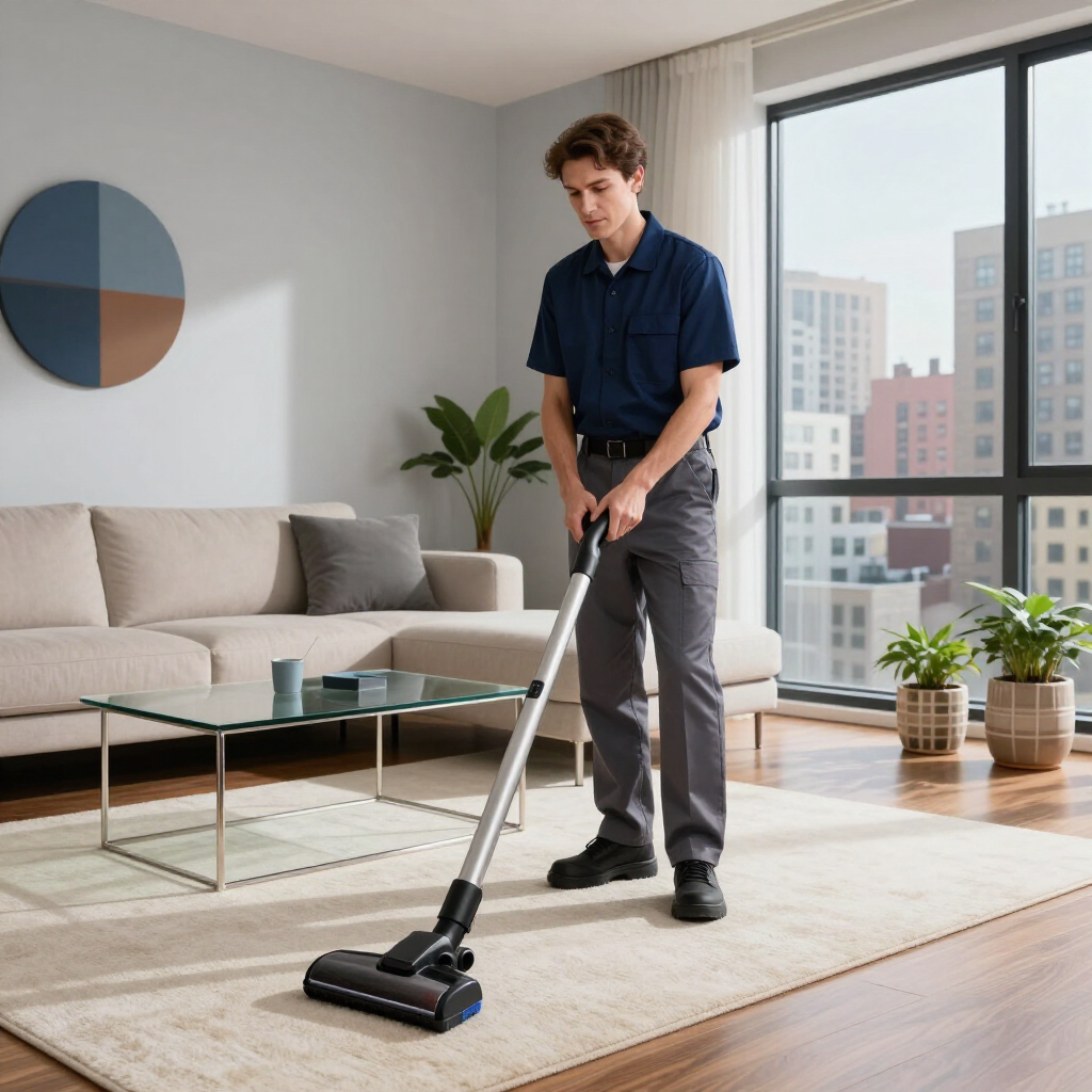 Person vacuuming a bright living room with a cordless vacuum near a sofa and large windows
