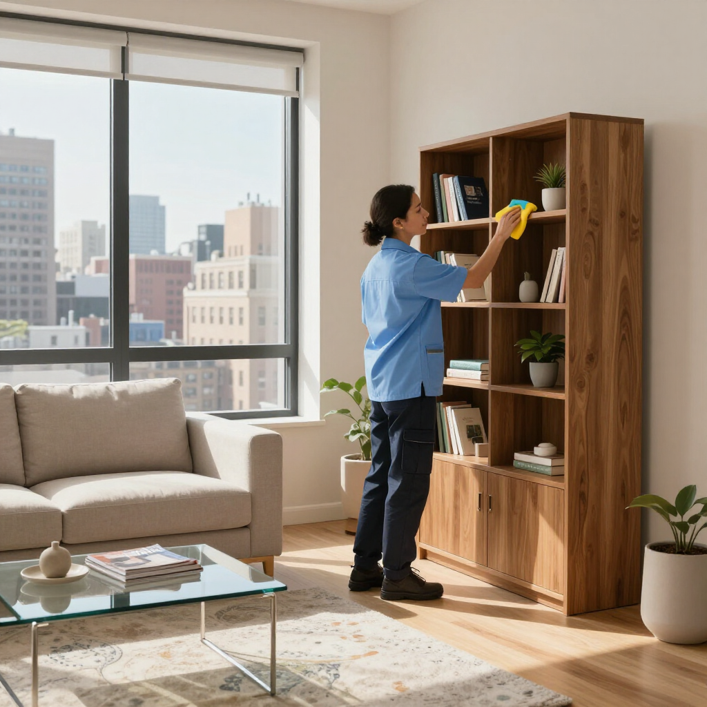 Person dusts a wooden bookshelf in a bright living room with a sofa and city view