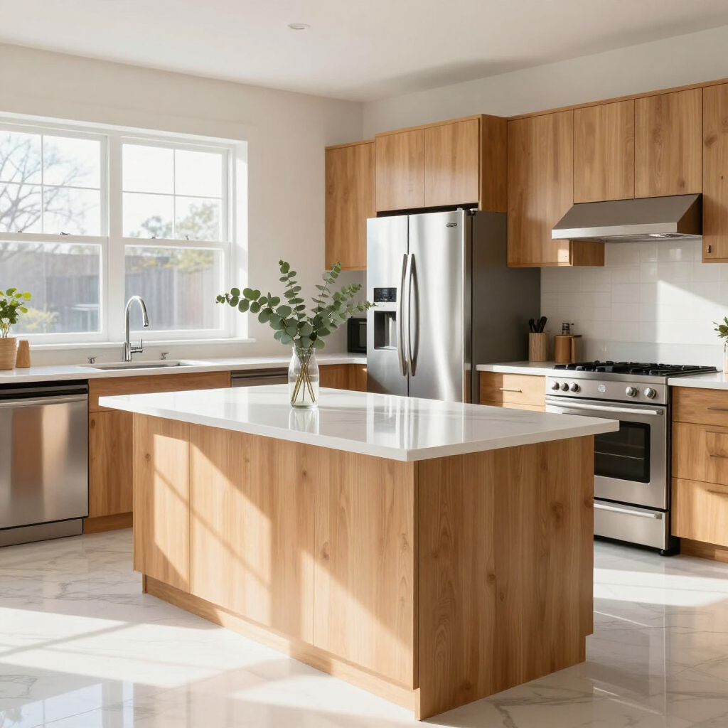 Bright modern kitchen with wood cabinets, stainless appliances, a central island, and sunlight by the window